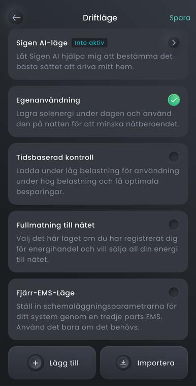 Driftläge: välj Sigen AI-läge.
