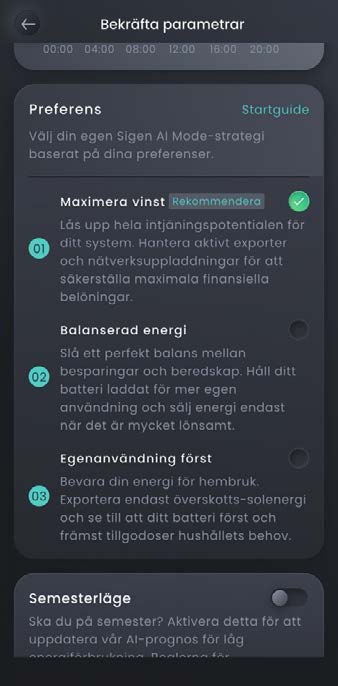 Välj batteripreferens eller använd Startguide.